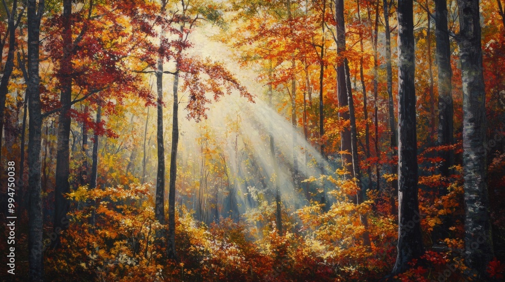 Wall mural Sunbeams Filtering Through a Golden Autumn Forest