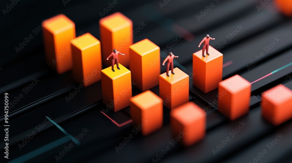 Aufkleber miniature figures on glowing bar graph data analysis business success futuristic concep