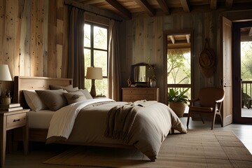 Rustic. wooden bedroom, natural elements, and earthly tones.