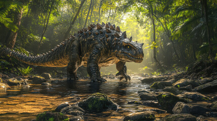 An Ankylosaurus walking slowly across a rocky stream in a prehistoric jungle, its armored back reflecting the dappled sunlight filtering through the dense canopy above