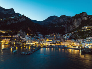 Amalfi at night from a drone, Salerno, Campania, Italy