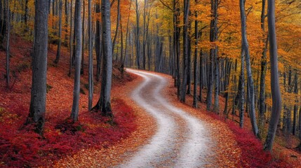 Obraz premium Winding Path Through a Vibrant Autumn Forest