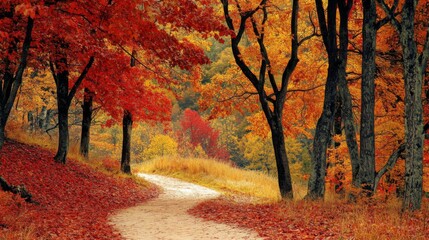Fototapeta premium Winding Path Through Autumnal Forest with Red and Yellow Leaves