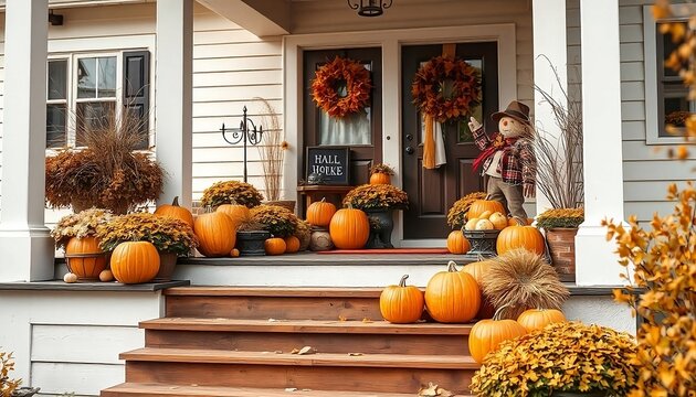 halloween decoration, home deor, frot door decoration theme A cozy autumn porch decorated with pumpkins, scarecrows, and other fall-themed items.  created with generative ai