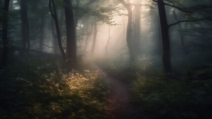 Obraz premium A mysterious foggy woodland tall trees shrouded