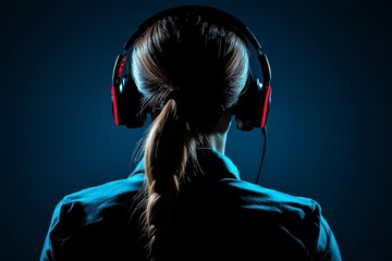 Back view of a woman with a headset glowing in a dark tech driven environment representing futuristic communication technology and digital interaction