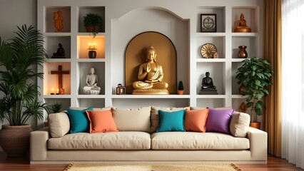 Zen Living Room with Buddha Statues and Shelving