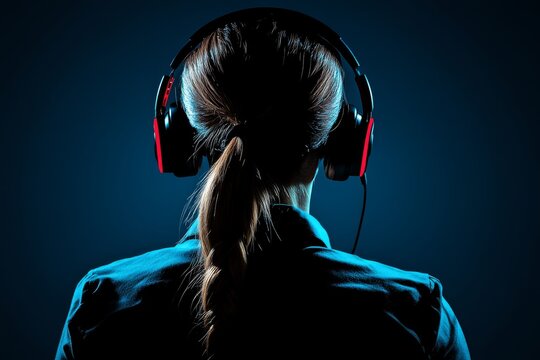 Back view of a woman with a headset glowing in a dark tech driven environment representing futuristic communication technology and digital interaction