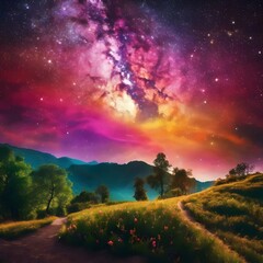 Fototapeta premium Two Paths Leading Through Field Towards Starry Sky