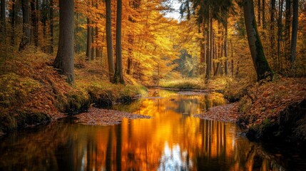 Autumnal Forest Stream with Reflection of Golden Leaves