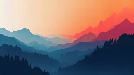 Obraz premium Mountain Range Silhouette at Sunset, Orange and Blue Hues