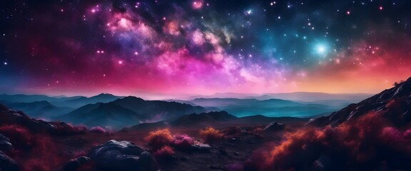 Obraz premium Mountain Range Under Starry Sky, Galaxy View