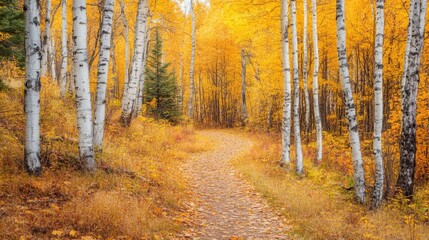 Fototapeta premium Pathway through a Golden Autumn Birch Forest