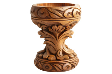 a carved wooden cup with a white background

