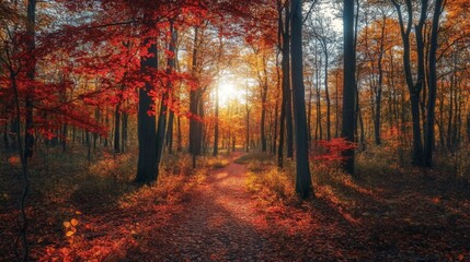 Obraz premium Sunlit Path Through a Forest of Vibrant Autumn Colors