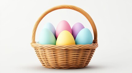 Naklejka premium Colorful Easter eggs in a basket on a white background.