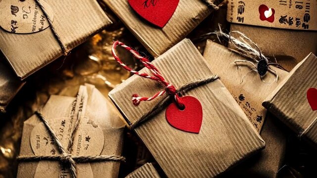 Christmas advent calendar presents wrapped with care in brown paper, red and white string, and red paper hearts are ready to be opened