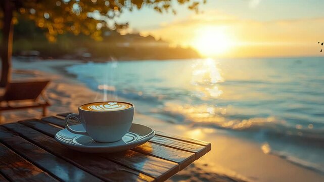 Sunrise Serenity: A cup of coffee sits on the sandy beach, its steam intertwining with the golden hues of the sunrise, Seamless looping 4k time-lapse virtual video animation background