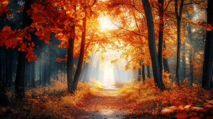 Sunlit Path Through Golden Autumn Forest