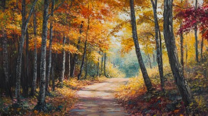 Obraz premium A Path Through an Autumnal Forest with Golden Leaves