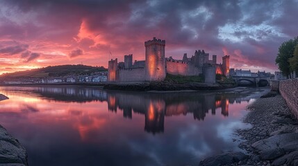 Obraz premium Castle on the River at Sunset