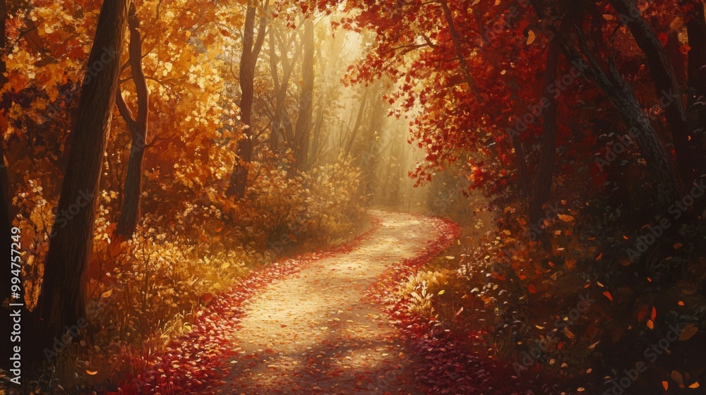 Sticker Sunlit Pathway Through an Autumnal Forest