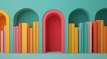 Fototapeta premium Colorful Bookshelves with Arches and Bright Colors