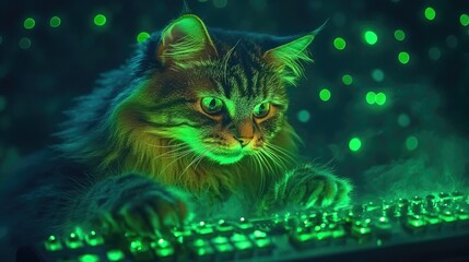 Focused cat typing on glowing keyboard in neon green light