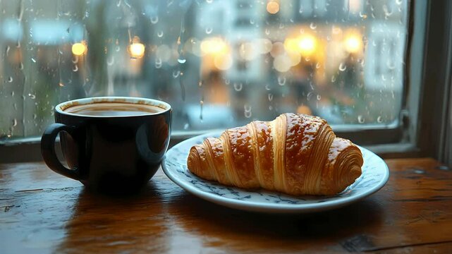 Croissant in a plate and coffee by the window on a cozy soft rain Seamless looping 4k time-lapse virtual video animation background