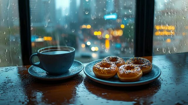 cozy Cup of coffee and donuts in a plate by the apartment window overlooking the city road. Urban tranquility with a touch of warmth. Seamless looping 4k time-lapse virtual video animation background