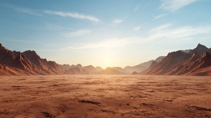 Obraz premium Vast Desert Landscape with Distant Oasis at Sunset