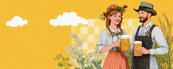 Bavarian couple holding beer mugs with wheat ears background. Retro illustration. Oktoberfest festival celebration. Bar and pub culture concept. Brewing industry. Template for design with copy space