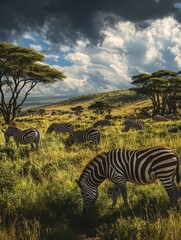 Fototapeta premium Serene Safari: A Herd of Zebras in an African Landscape