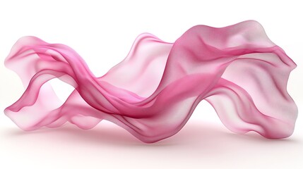 Light pink organza fabric flying and curling midair, creating graceful waves, isolated on white, floating pink fabric, delicate material concept, 3D illustration