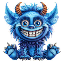 Naklejka premium A cheerful blue monster with big eyes, a wide grin, and orange horns.