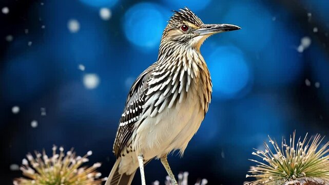 Greater roadrunner standing on a rock covered with snow with a dark blue background with snowflakes and out of focus lights