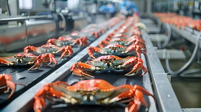 Crabs Moving on a Conveyor Belt in a Factory Setting