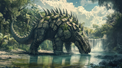 An armored dinosaur with large, spiked plates along its back stands by a riverbank, drinking from the crystal-clear water