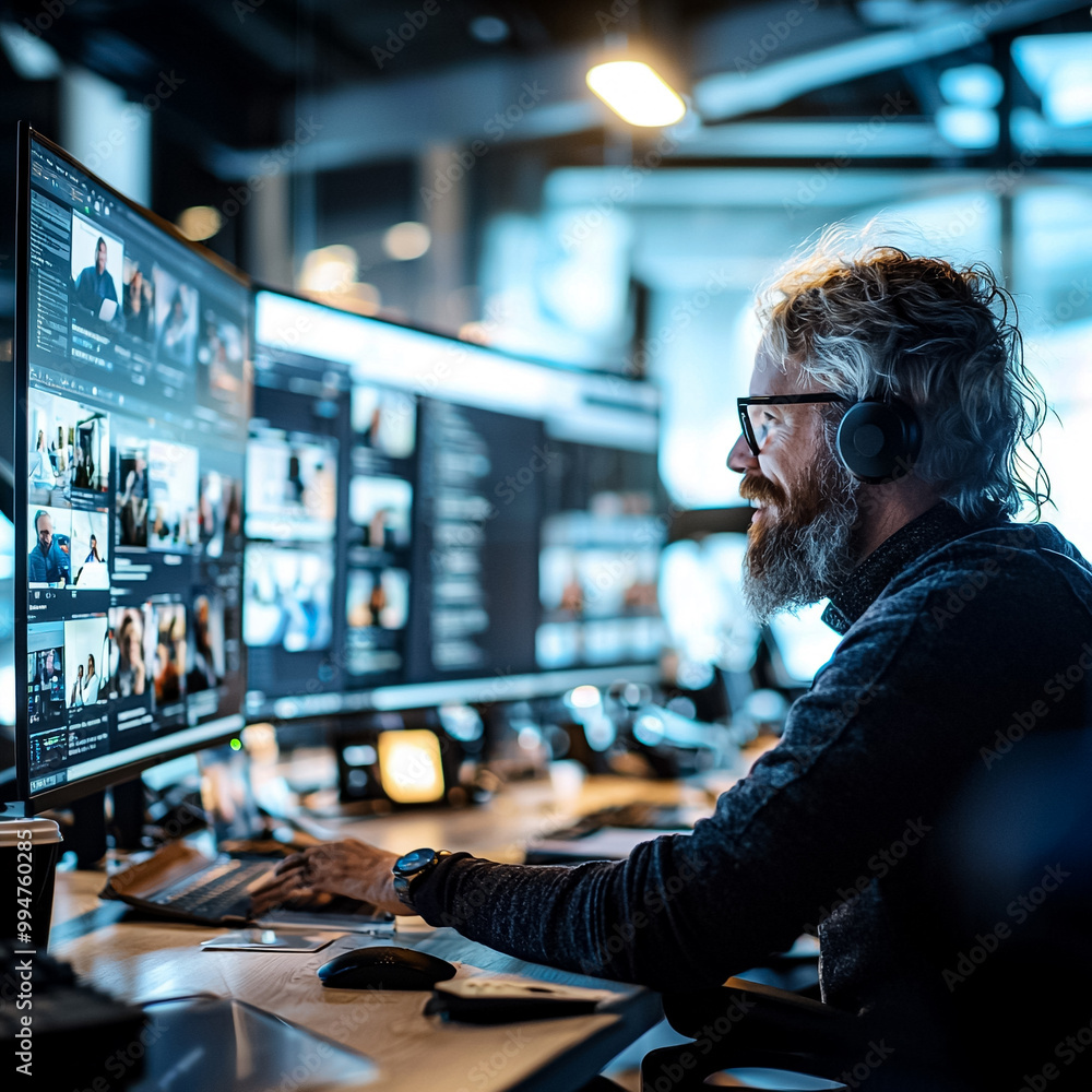 Poster a man is sitting in front of a computer monitor with a beard and glasses