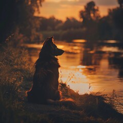 A serene sunset by the lake with a dog sitting peacefully on the shore, enjoying the tranquil evening view.