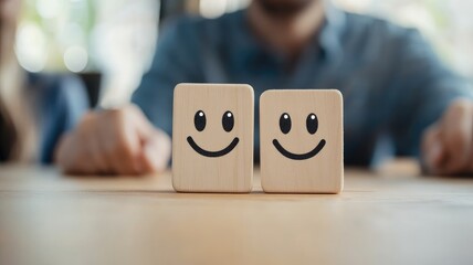 Wooden blocks with smiling faces on table held by two people