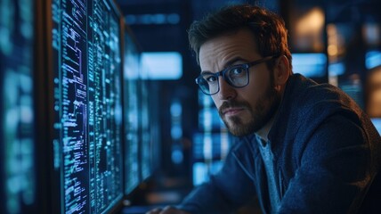 Serious man in glasses works on coding at multiple computer screens dark room