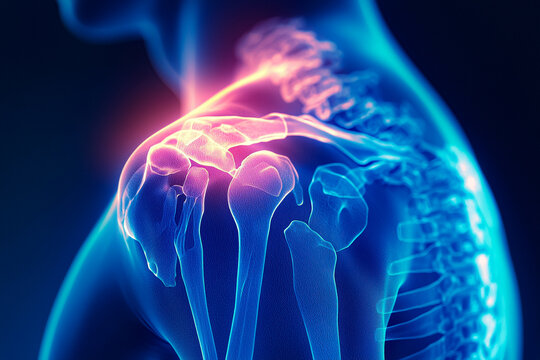 A person's shoulder is shown in a blue and red color