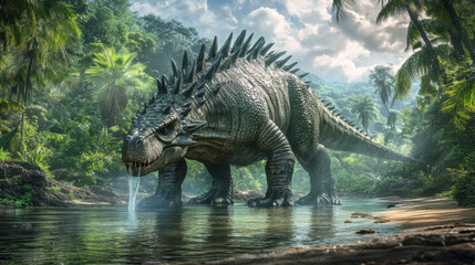 An armored dinosaur with large, spiked plates along its back stands by a riverbank, drinking from the crystal-clear water. Its tough