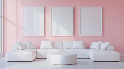 Minimalist Living Room with Pink Walls and White Furniture