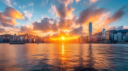 Fototapeta premium Hong Kong Skyline at Sunset with Golden Clouds and a Ferry