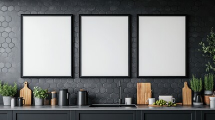 Three Blank Frames in a Modern Kitchen