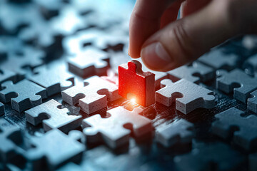 A hand is reaching for a red puzzle piece in a jigsaw puzzle