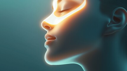 A woman with a white face mask on her face. The mask is glowing and the woman's face is illuminated by the light