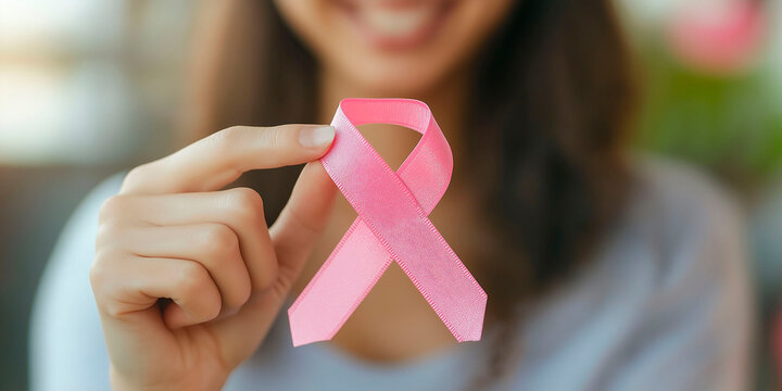 Woman holding a pink ribbon. Breast cancer prevention reminder